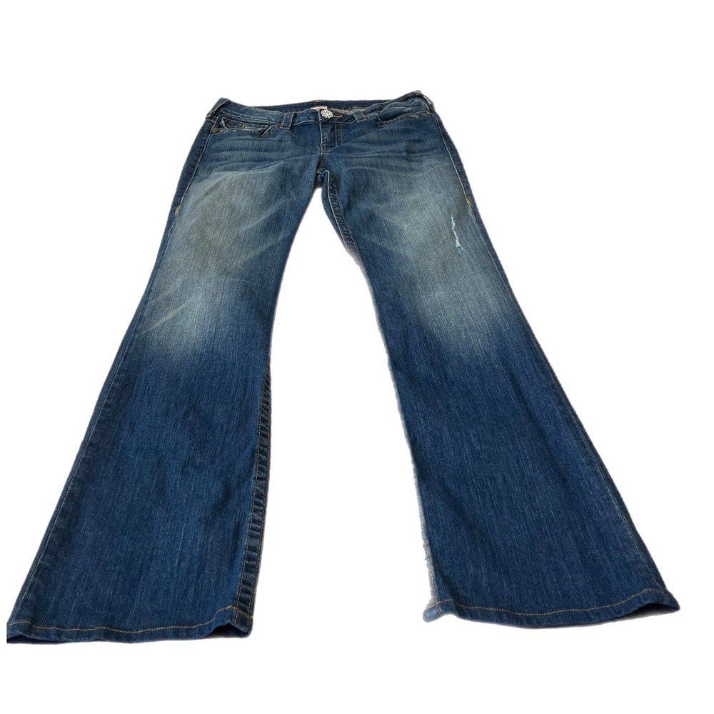 True Religion Womens Hi Rise Boot Jeans 32 Medium Wash Rhinestone Flap Pocket